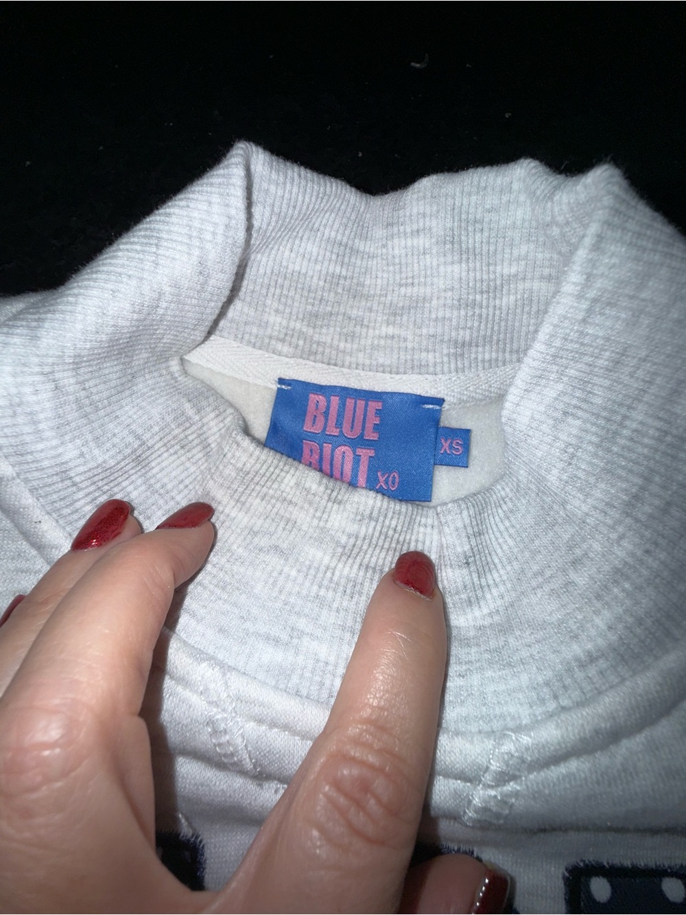 NEW BLUE RIOT XO VIRAL TIKTOK Gray MOCK NECK SWEATSHIRT Navy Polka Dot JESUS XS - Picture 7 of 10